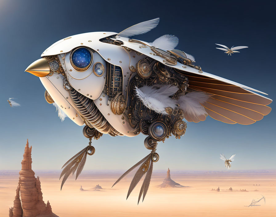 Steampunk mechanical bird flying over desert landscape