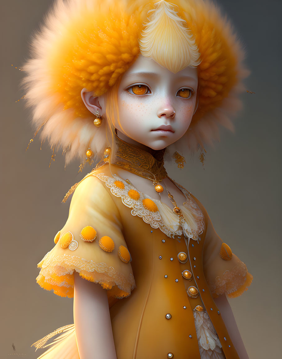 Character with Yellow Eyes in Fluffy Orange Hat & Ornate Yellow Dress