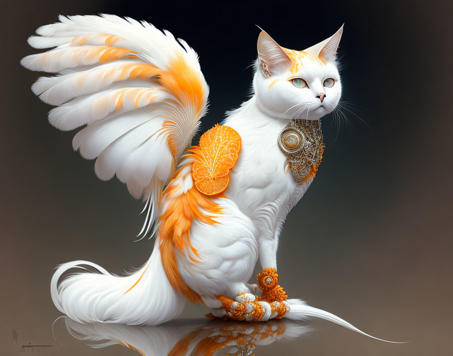 White Cat with Orange Feathered Wings and Tail, Decorated with Golden Jewelry