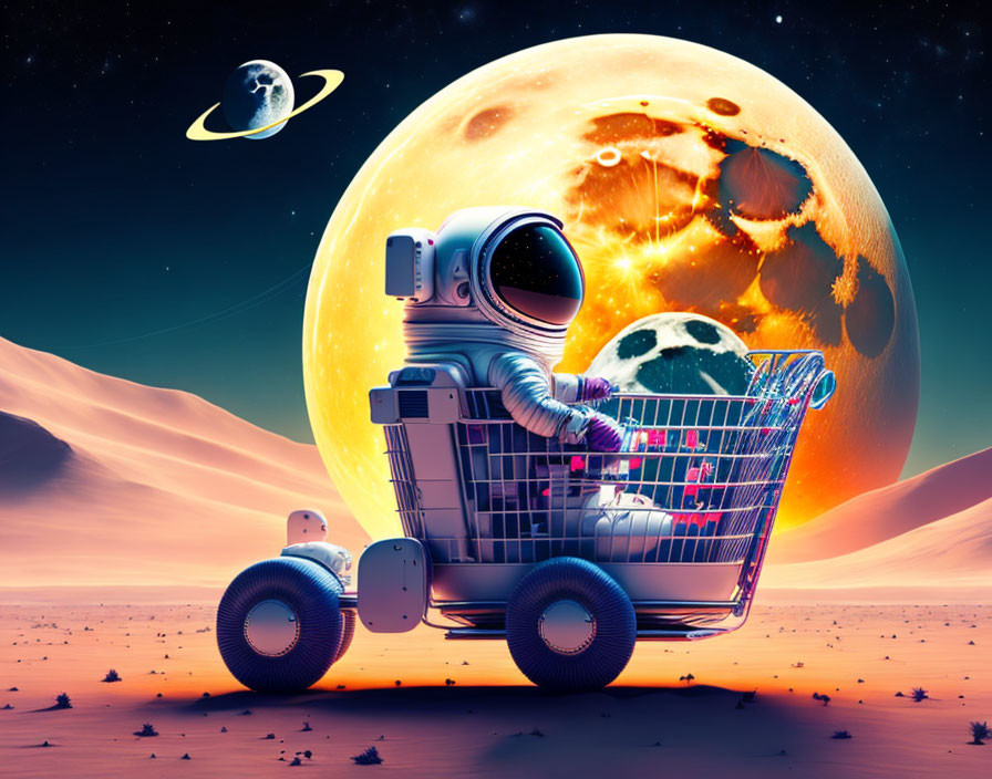 Astronaut in shopping cart on alien desert with planets, moon, and robotic dog