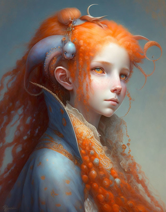 Portrait of girl with vibrant orange hair and tentacle-like curls, pearls, expressive eyes, and blue