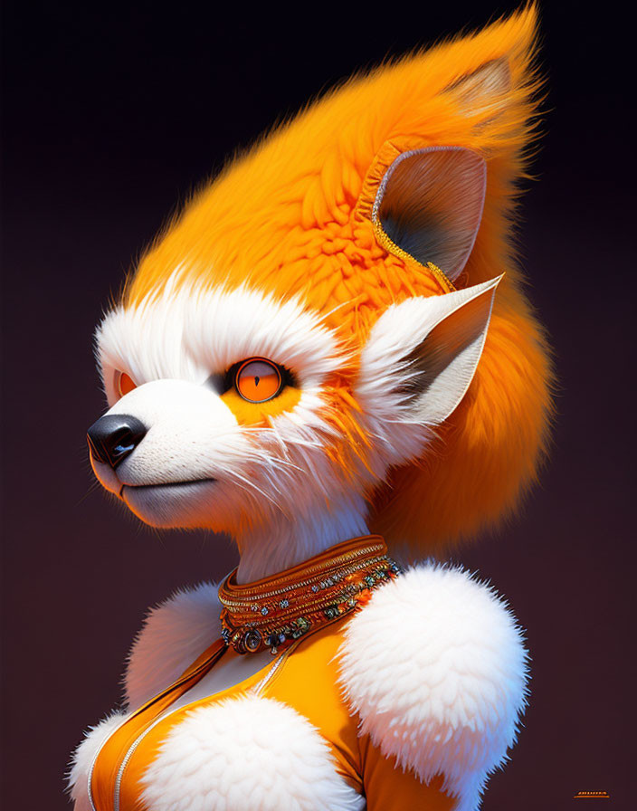 Detailed 3D illustration of an anthropomorphic orange fox with vibrant eyes and intricate jewelry