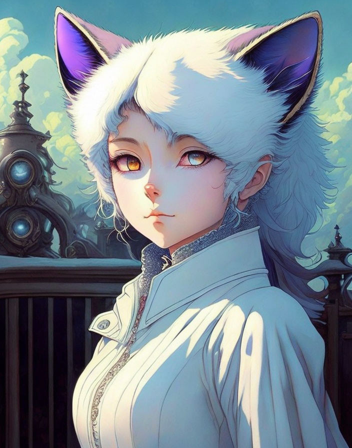 Digital illustration: Female character with white fox ears, fluffy hair, golden eyes, high-collared