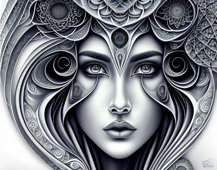 Detailed black and white illustration of woman's face with ornate symmetrical patterns