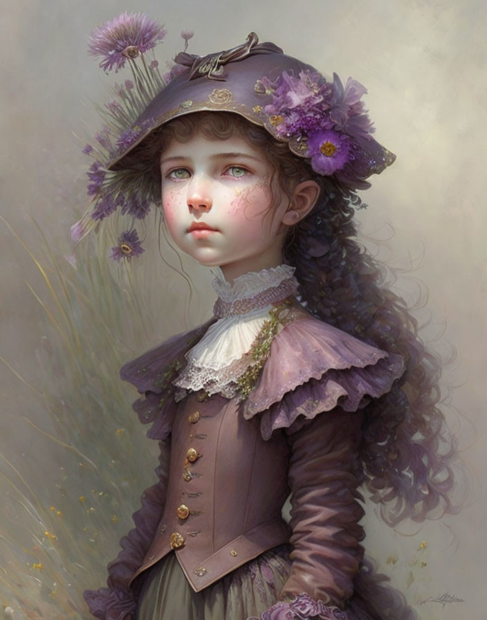 Whimsical young girl portrait with purple attire and floral backdrop