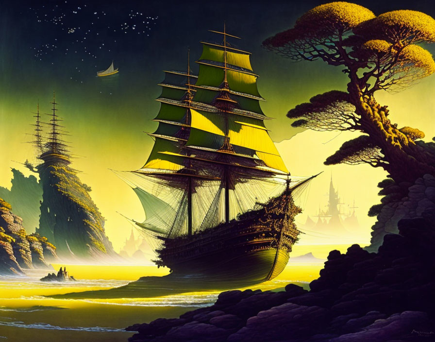 Surreal tall ships sailing on sand under starry sky and large tree