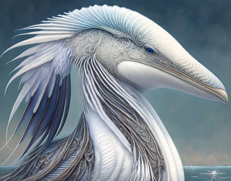 Detailed Fantastical Bird Illustration with White and Blue Plumage