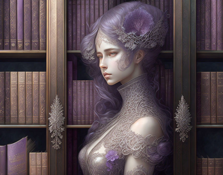 Purple-haired woman in lace attire surrounded by bookshelves