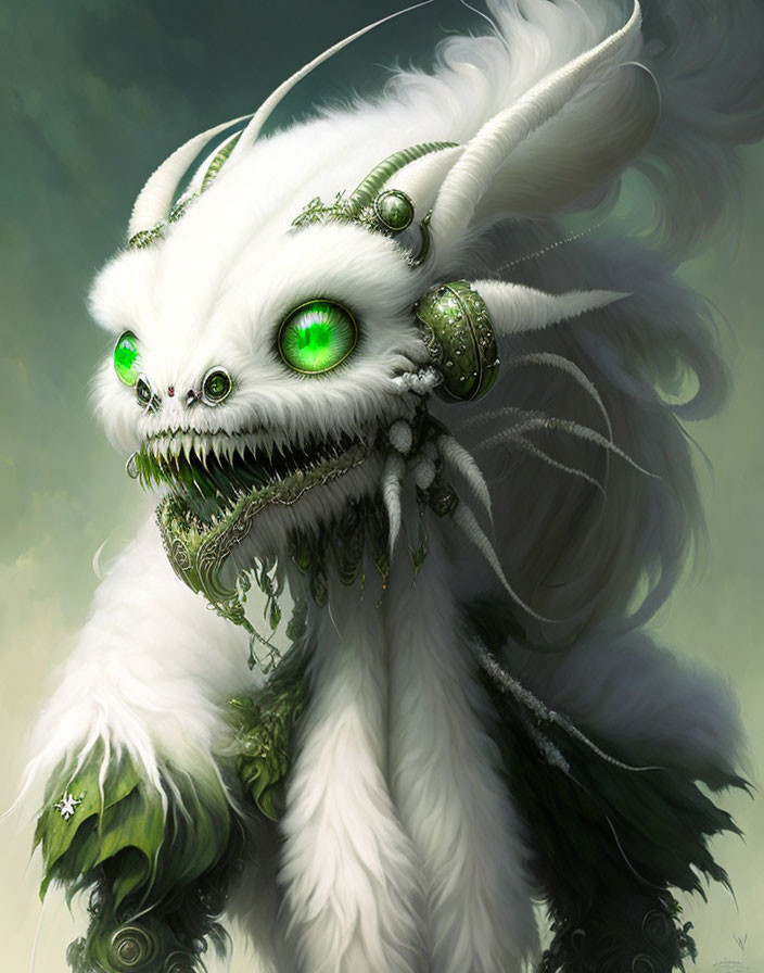 Fantastical white creature with green eyes and sharp fangs in misty green backdrop