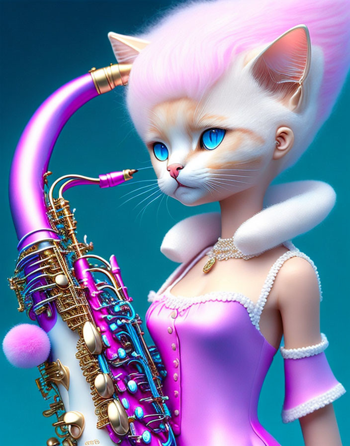 White Cat Playing Saxophone in Purple Dress