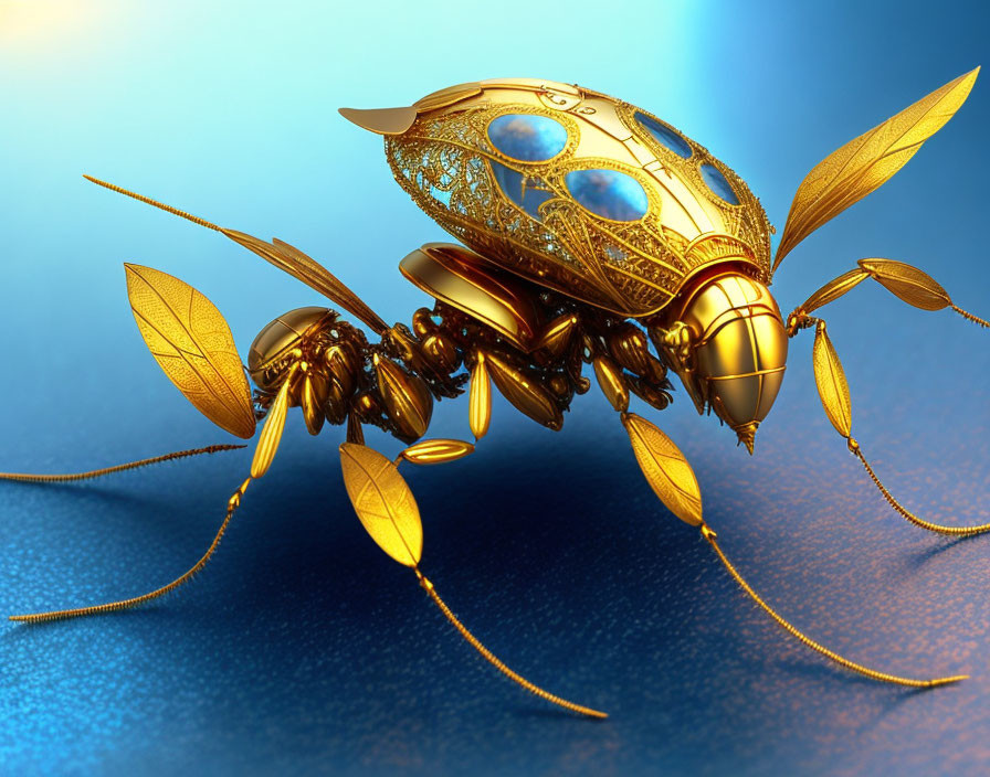 Steampunk-style mechanical bee with gold and brass detailing on blue glass panels