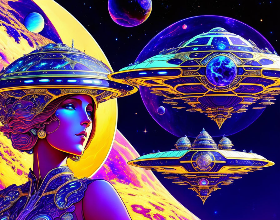 Female figure in cosmic attire with spaceships and celestial bodies in vibrant sci-fi illustration