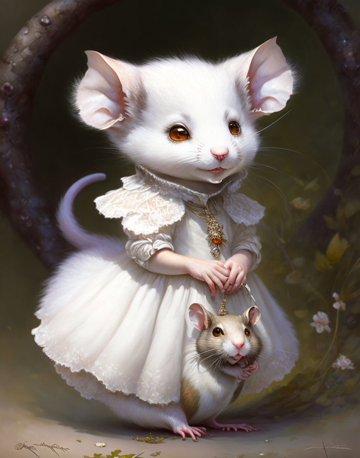 Anthropomorphic white mouse in frilly dress with smaller mouse in soft, floral setting