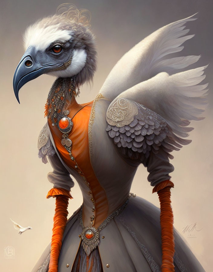 Regal anthropomorphic bird in elegant orange and grey attire