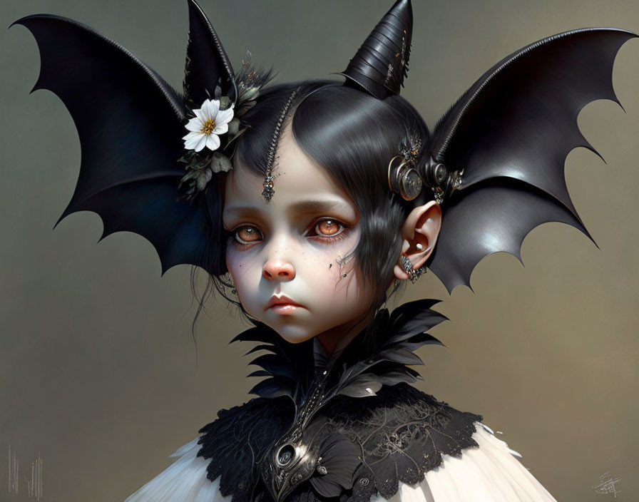 Young girl with bat wings and horns in gothic fantasy portrait