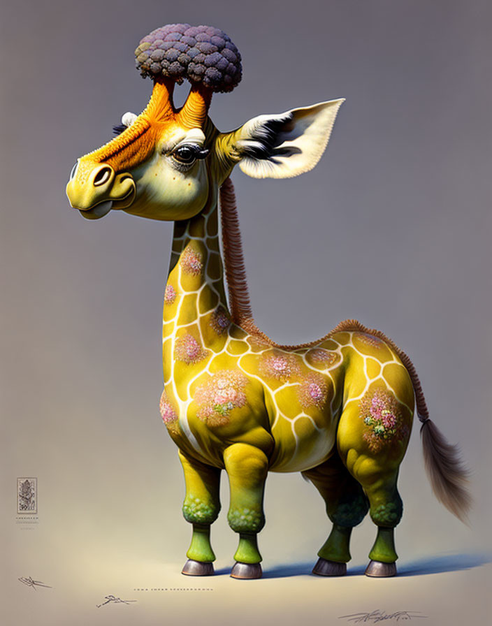 Colorful fictional creature with giraffe body, cauliflower horns, and donkey features