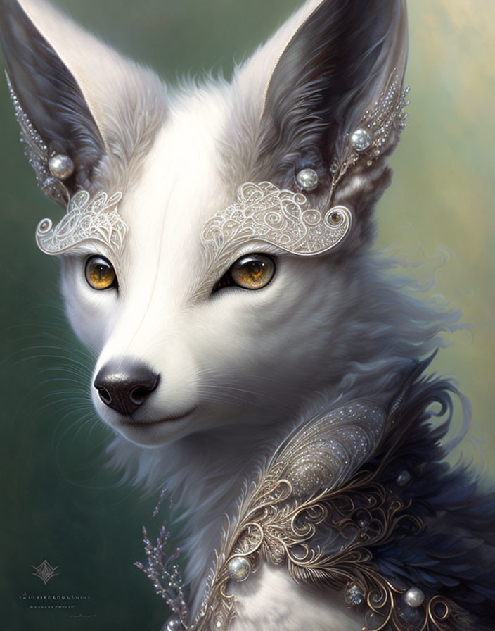 White fox with yellow eyes and intricate silver accessories in elegant fantasy style