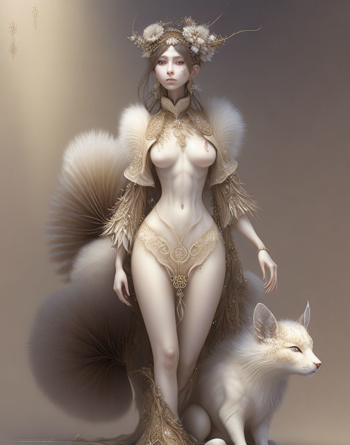 Pale-skinned fantasy figure with gold jewelry and feathers next to a white fox on neutral background