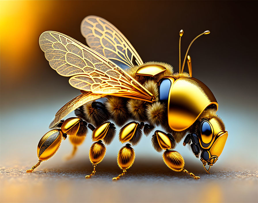 Detailed Realistic Bee Illustration with Golden Textures on Soft Background