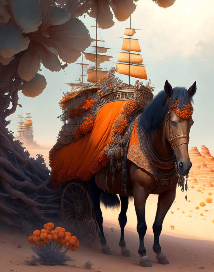 Majestic horse pulling cart with sails in surreal desert landscape