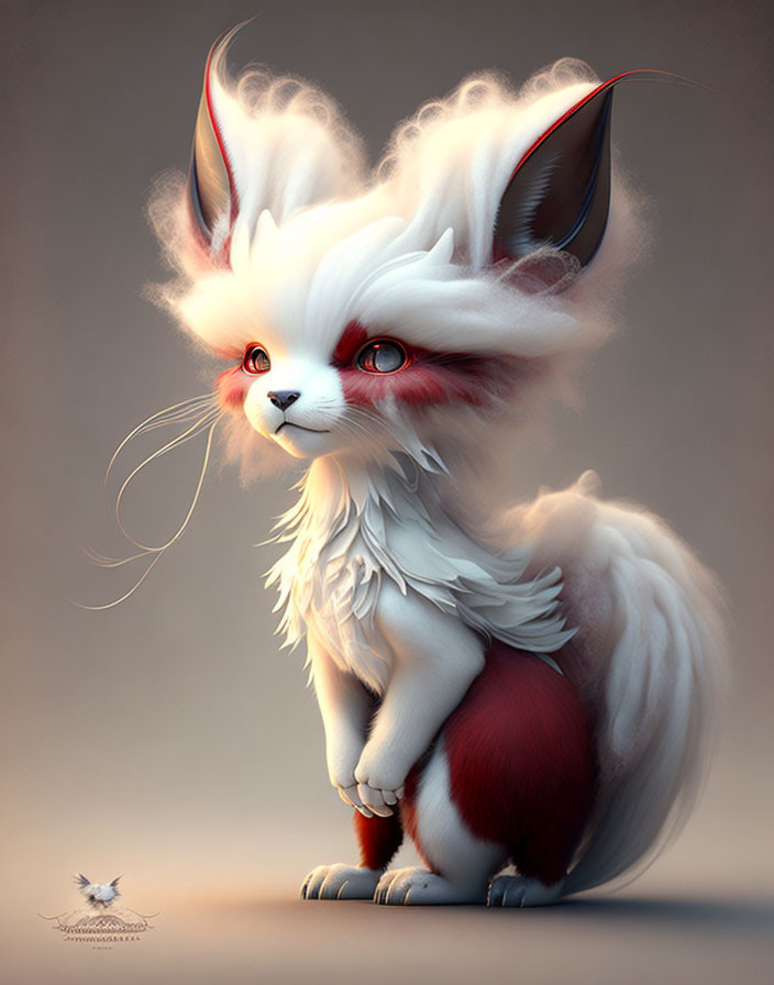 Illustration of white fur feline-fox hybrid with red accents and large eyes