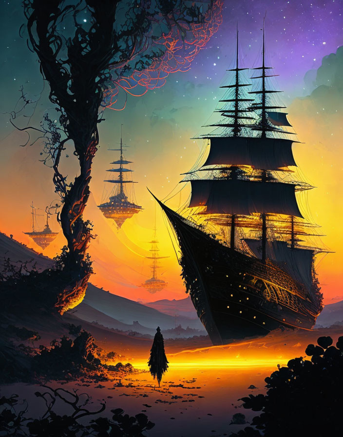 Surreal golden ocean with sailing ships, twilight sky, stars, twisted tree, and lone figure