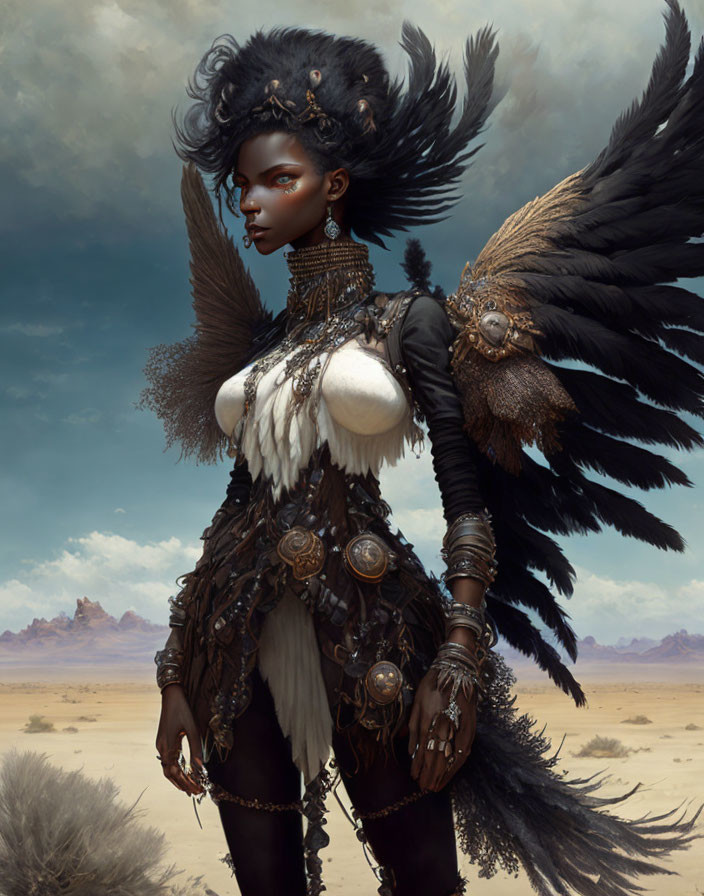 Dark Winged Fantasy Figure in Ornate Armor Stands in Desert Landscape