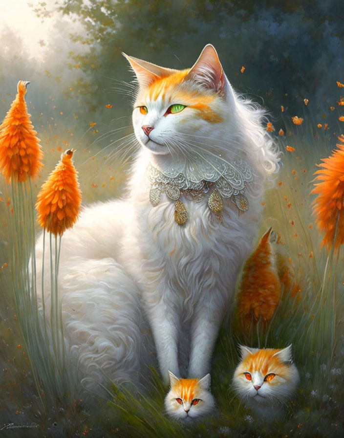 White Cat with Ornate Necklace Surrounded by Cats and Plants in Soft Sunlight