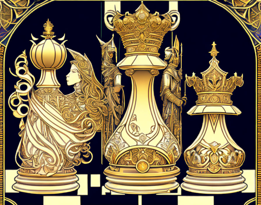 Intricate golden chess set with elaborate queen piece on artistic background