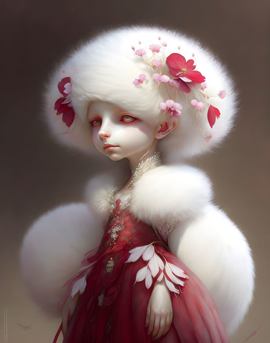 Fantasy creature illustration with white fluffy hair, pink flowers, red & white dress