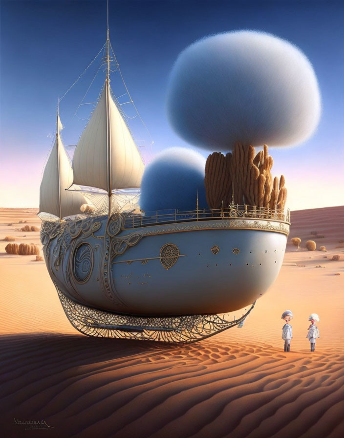 Fantastical ship with large sails floating above desert with oversized cotton bolls, two characters in vintage