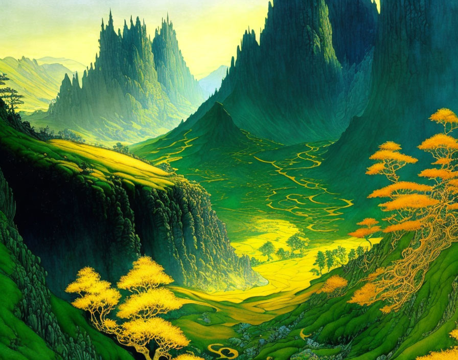 Vibrant fantasy landscape with green valleys, jagged cliffs, and golden trees