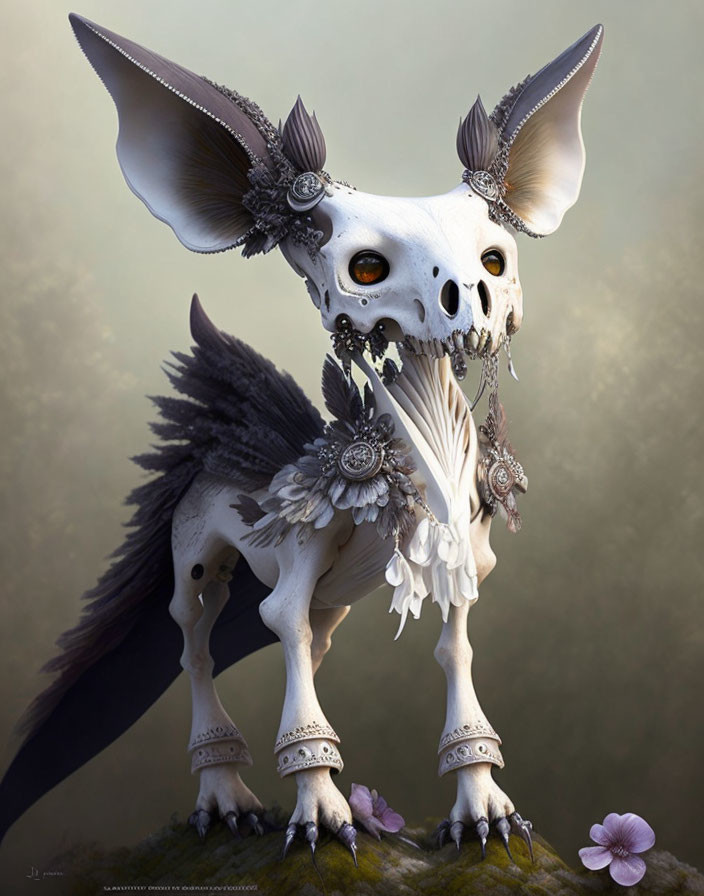 Fantastical creature with skeletal dog head, feathered wings, adorned with jewelry among flowers