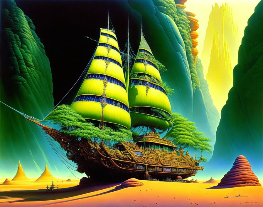 Fantastical ship with green sails stranded in desert landscape