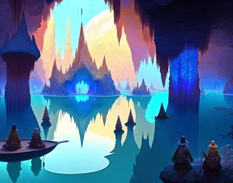 Fantasy cave with towering stalactites, stalagmites, blue lake, boats, figures in