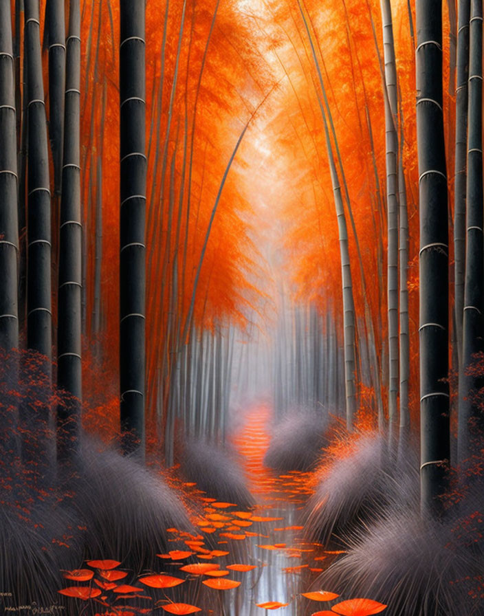 Mystical bamboo forest with narrow path, orange glow, fog, and red leaves