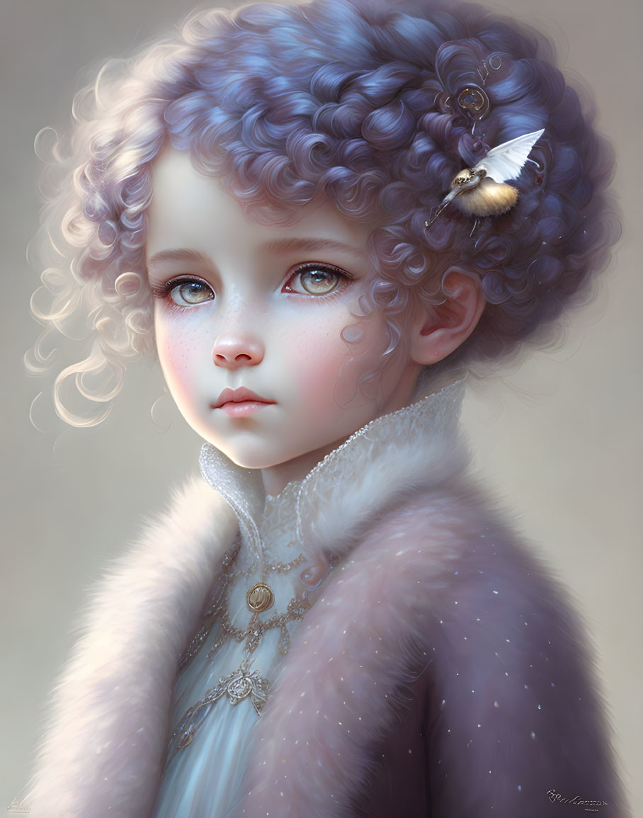 Digital artwork of young child with curly hair, big eyes, moth, vintage clothing, fur collar,