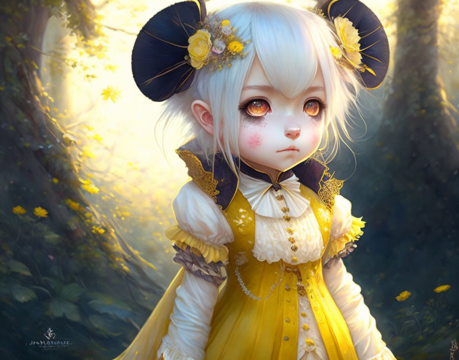 Illustration of girl with big eyes and ram horns in yellow dress in sunlit forest