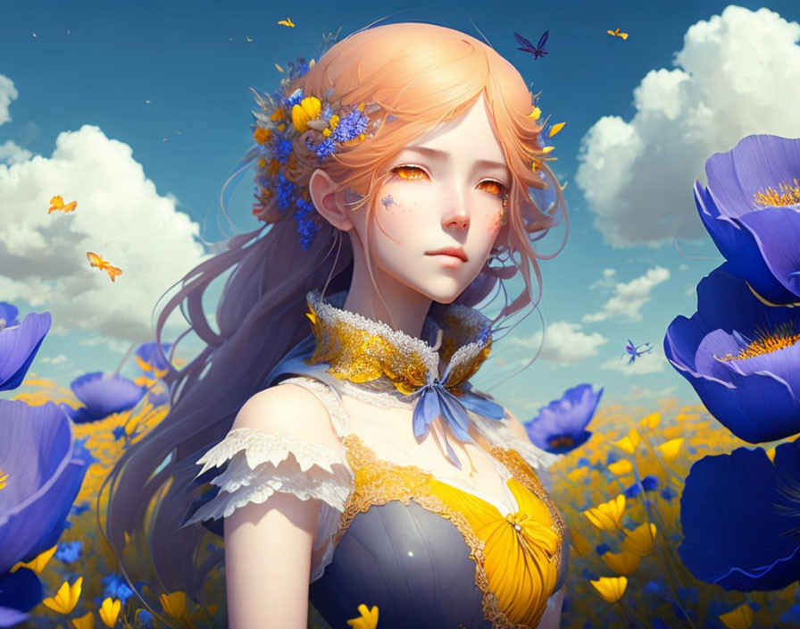 Digital illustration: Young woman with flowers, blue flowers, butterflies, cloud-dotted sky