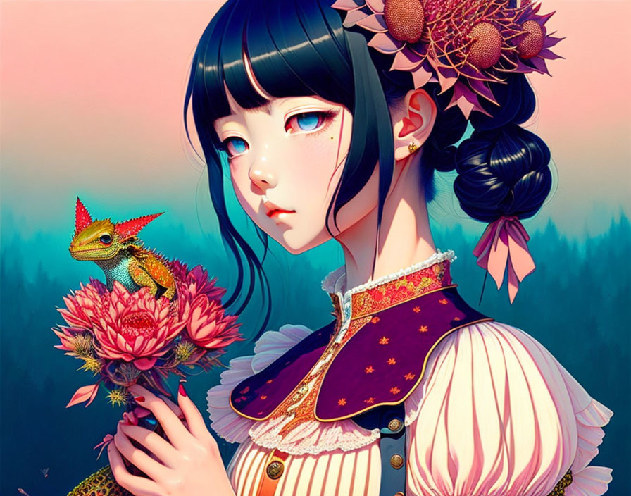 Detailed illustration: girl with dark hair, flower accessories, chameleon on hand, pink backdrop