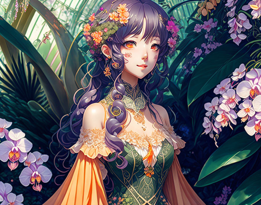 Illustrated Female Character with Purple Hair and Floral Dress in Vibrant Setting