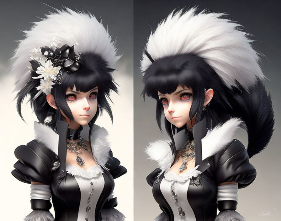 Character with large eyes in black and white outfit and fur-trimmed hat.