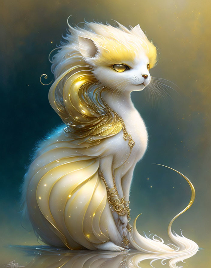 Majestic white cat with golden accessories on golden background