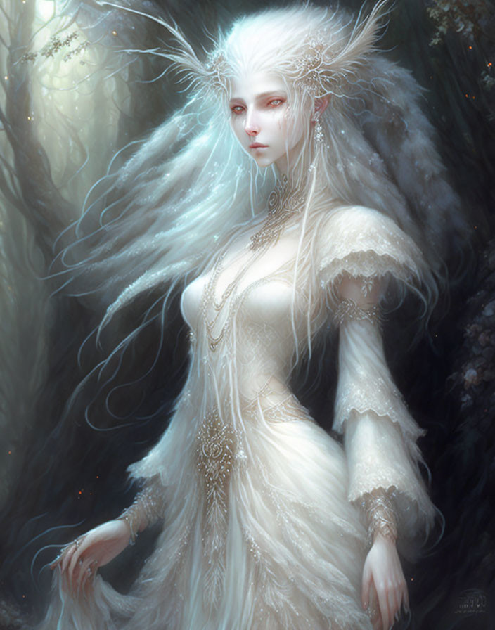 Pale-skinned figure with white hair & ornate headwear in enchanted forest.