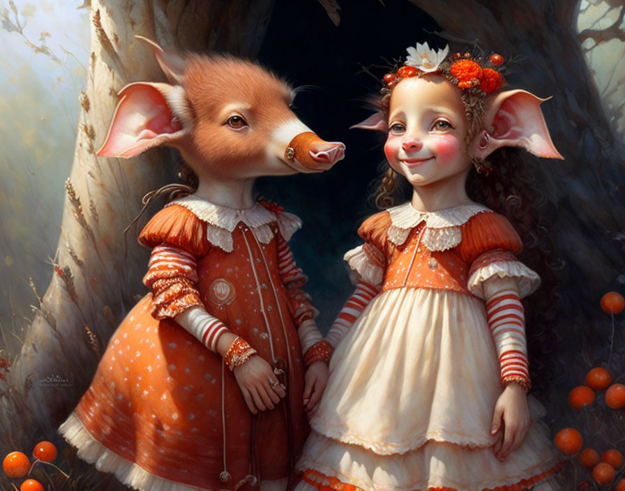 Anthropomorphic piglets in vintage attire in dreamy forest scene