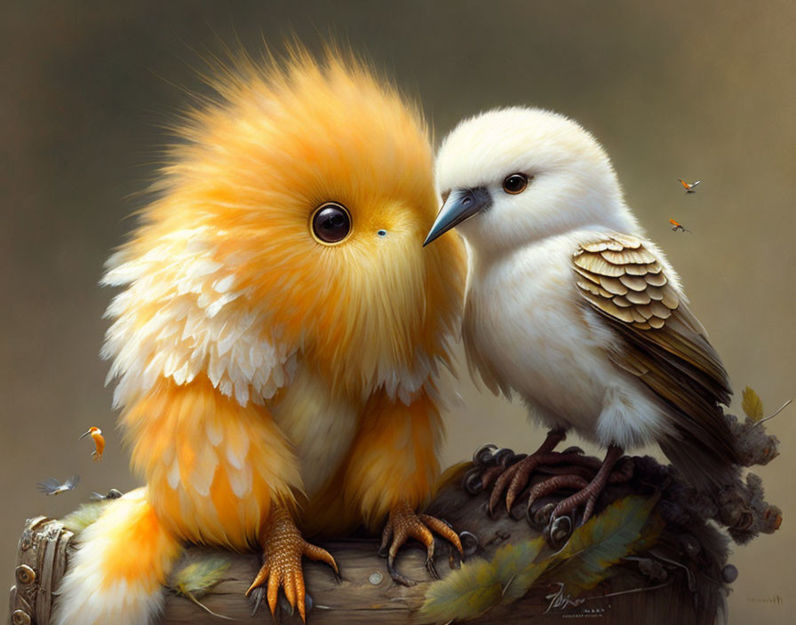 Stylized orange and white birds on branch with affectionate gaze