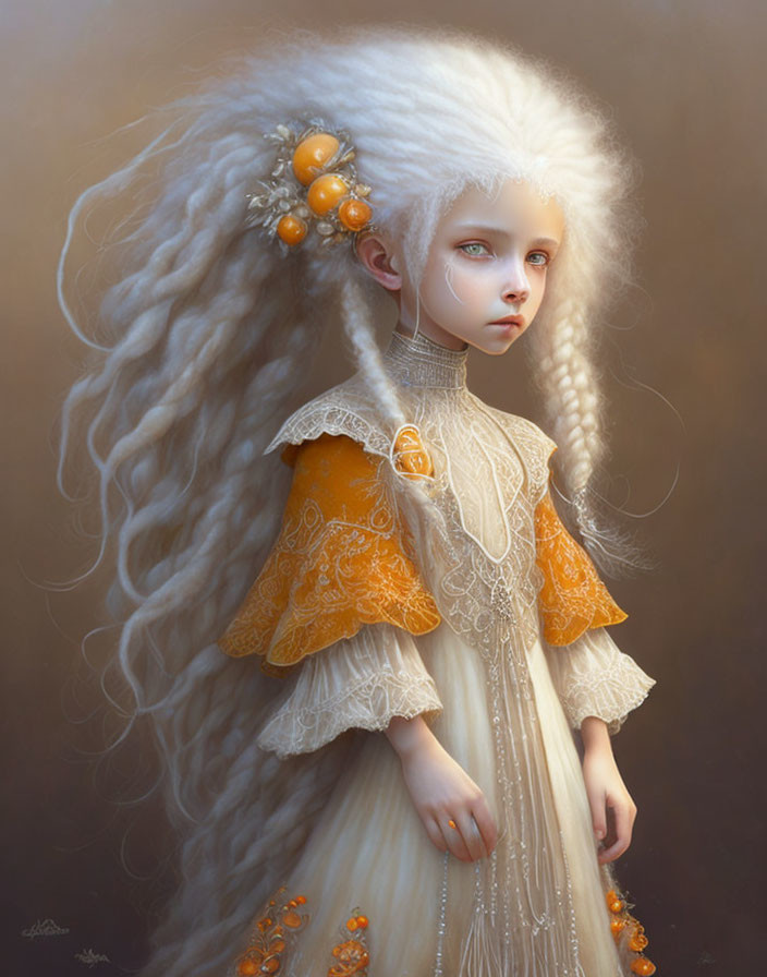 Whimsical young girl portrait with white hair and ornate dress