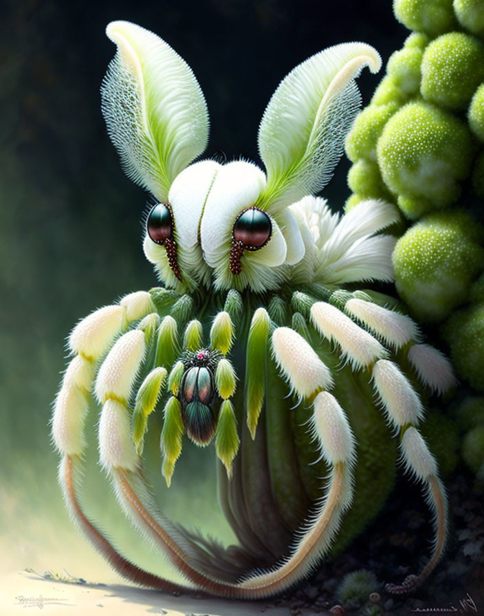 Vibrant surreal creature illustration: moth-plant fusion.