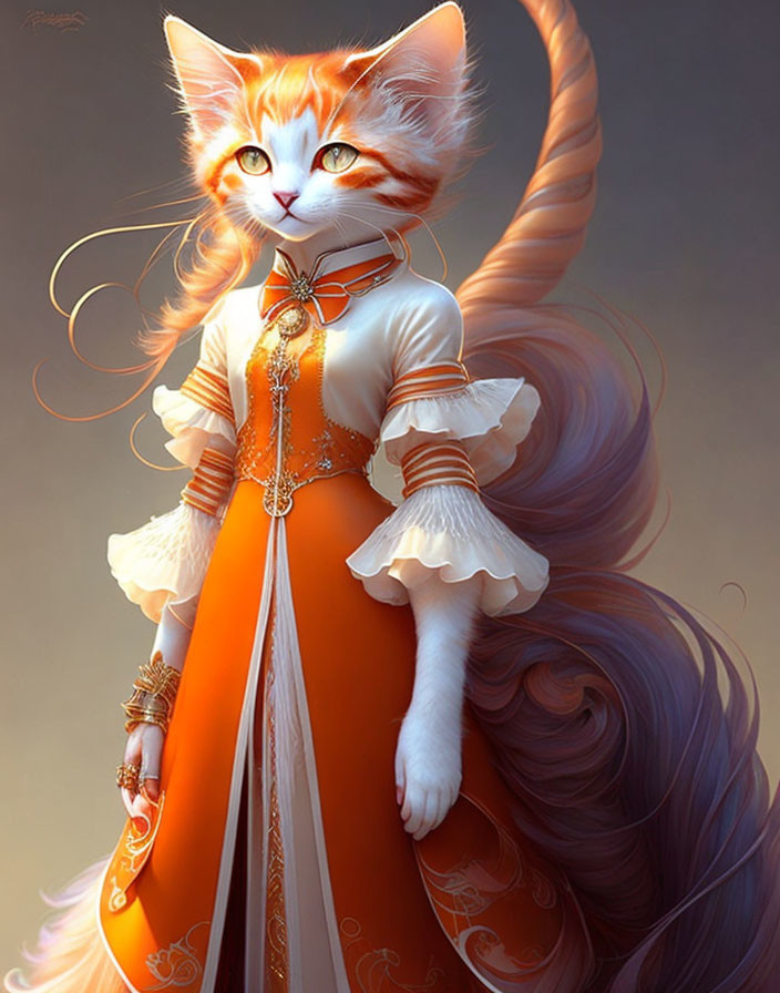 Anthropomorphic cat in elegant orange dress with gold details