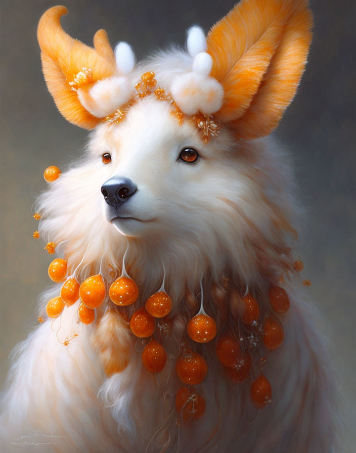 White fluffy creature with orange pearls and golden floral accents